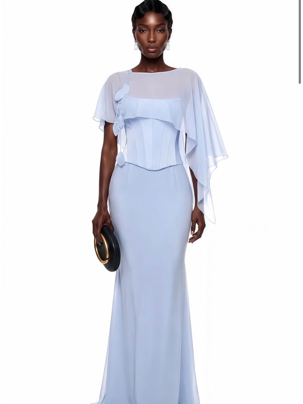 NWT Light Blue Cape Sleeve Maxi Dress with Fitted Corset Waist